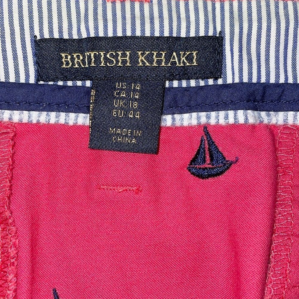 British Khaki Pink Skirt with Embroidered Navy Blue Sail Boats Size 14 - Picture 3 of 4